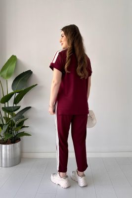 Şeritli Kısa Kol Takım Bordo - Thumbnail