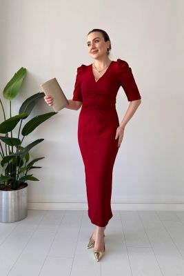 V Tokalı Ottoman Elbise Bordo - Thumbnail