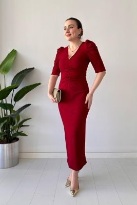 V Tokalı Ottoman Elbise Bordo - Thumbnail