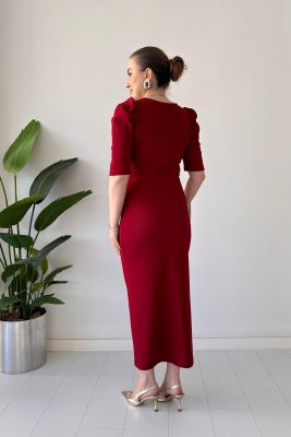 V Tokalı Ottoman Elbise Bordo - Thumbnail