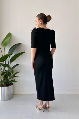 V Tokalı Ottoman Elbise Siyah - Thumbnail