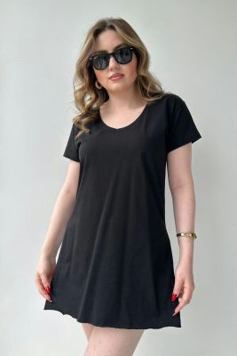 V yaka düz T-shirt Siyah - Thumbnail