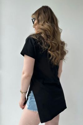 V yaka düz T-shirt Siyah - Thumbnail