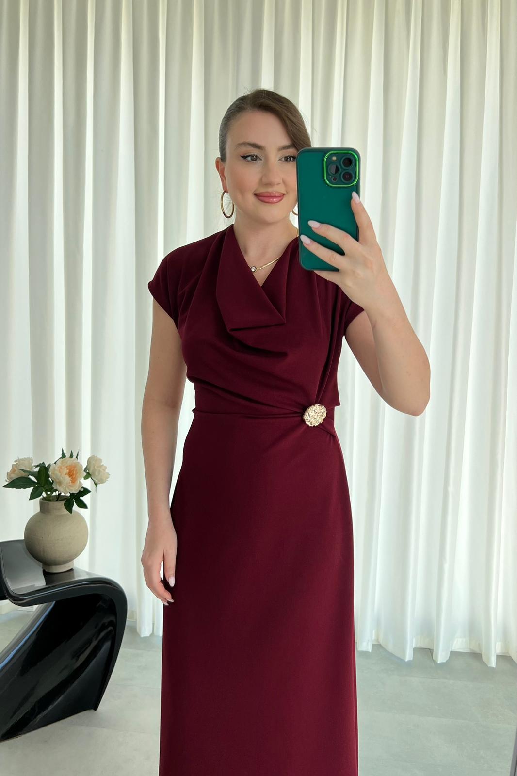 Yan Broşlu Elbise Bordo - Thumbnail