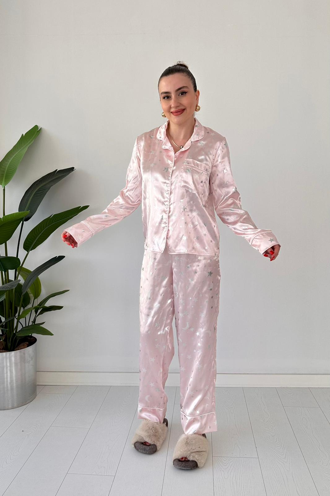 Yıldızlı Saten Pijama Takım Pudra - Thumbnail
