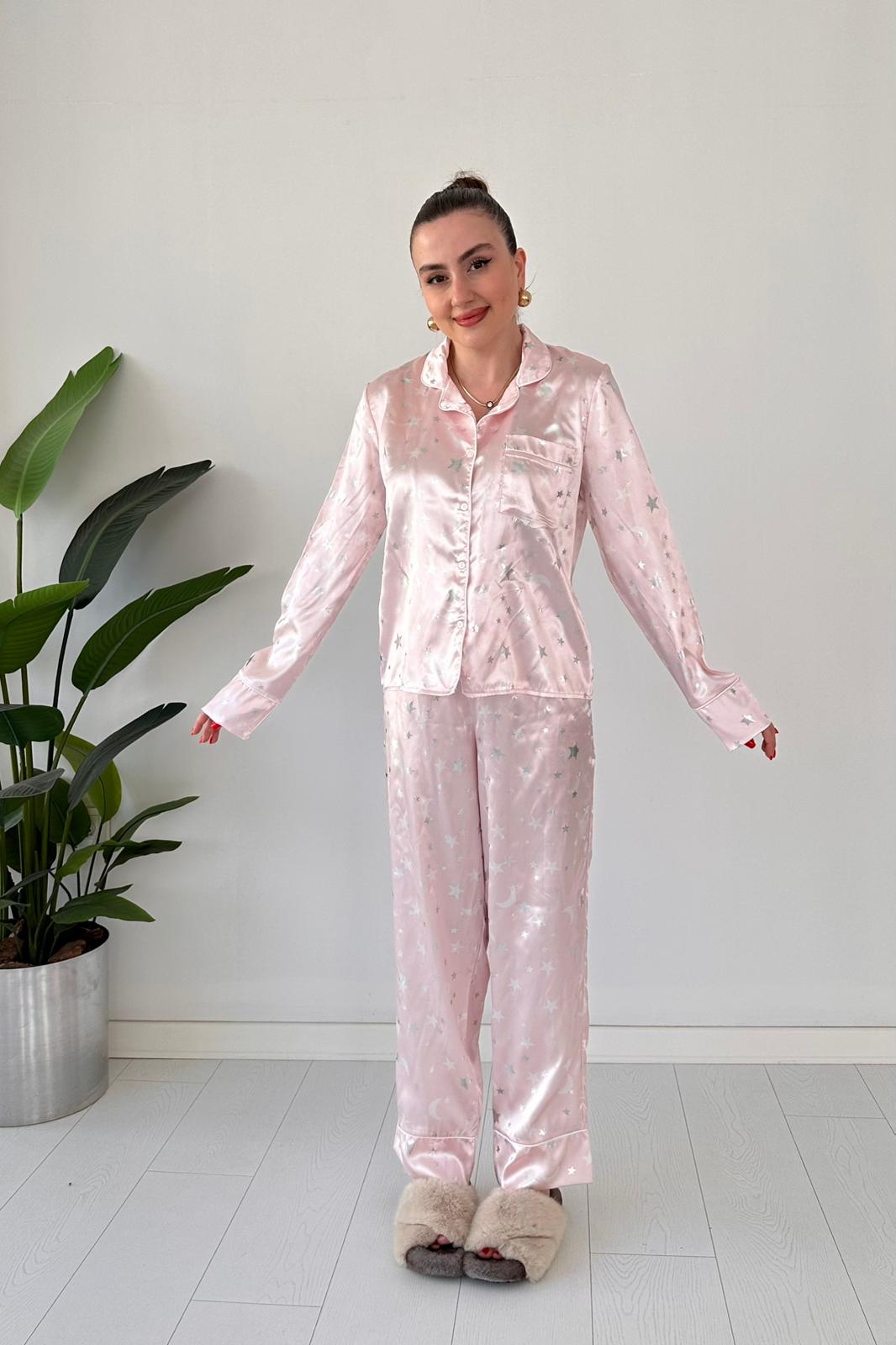 Yıldızlı Saten Pijama Takım Pudra - Thumbnail