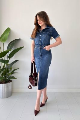 Yırtmaçlı Denim Elbise Mavi - Thumbnail