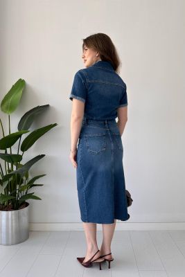 Yırtmaçlı Denim Elbise Mavi - Thumbnail