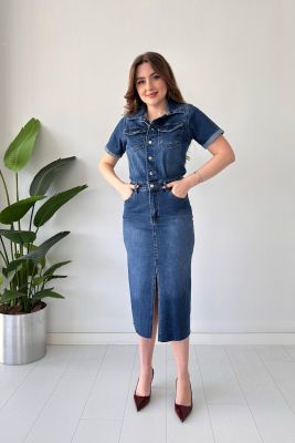 Yırtmaçlı Denim Elbise Mavi - Thumbnail