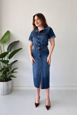 Yırtmaçlı Denim Elbise Mavi - Thumbnail