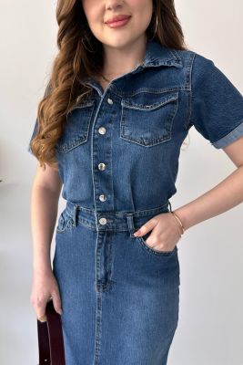 Yırtmaçlı Denim Elbise Mavi - Thumbnail