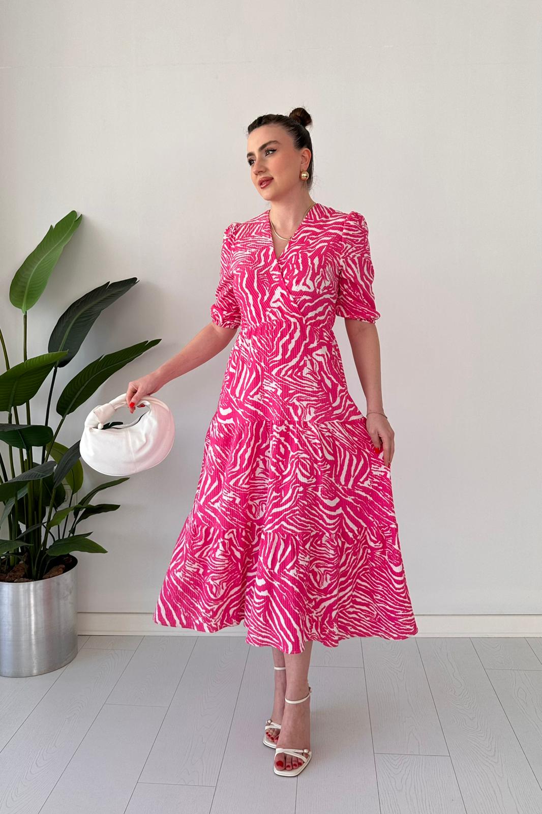 Zebra Bürümcük Elbise Pembe - Thumbnail