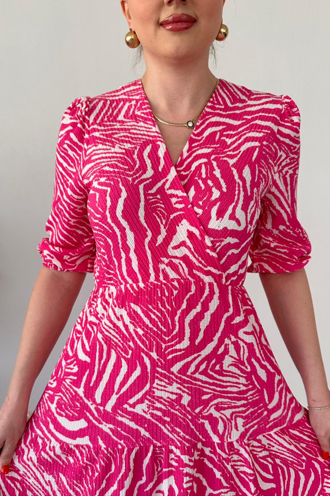 Zebra Bürümcük Elbise Pembe - Thumbnail