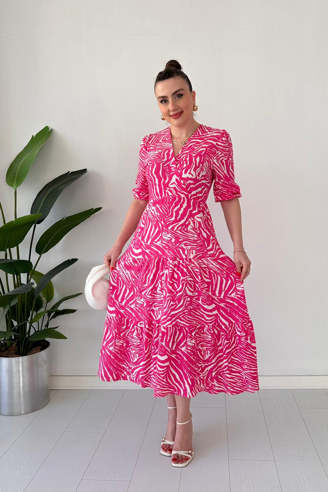 Zebra Bürümcük Elbise Pembe - Thumbnail