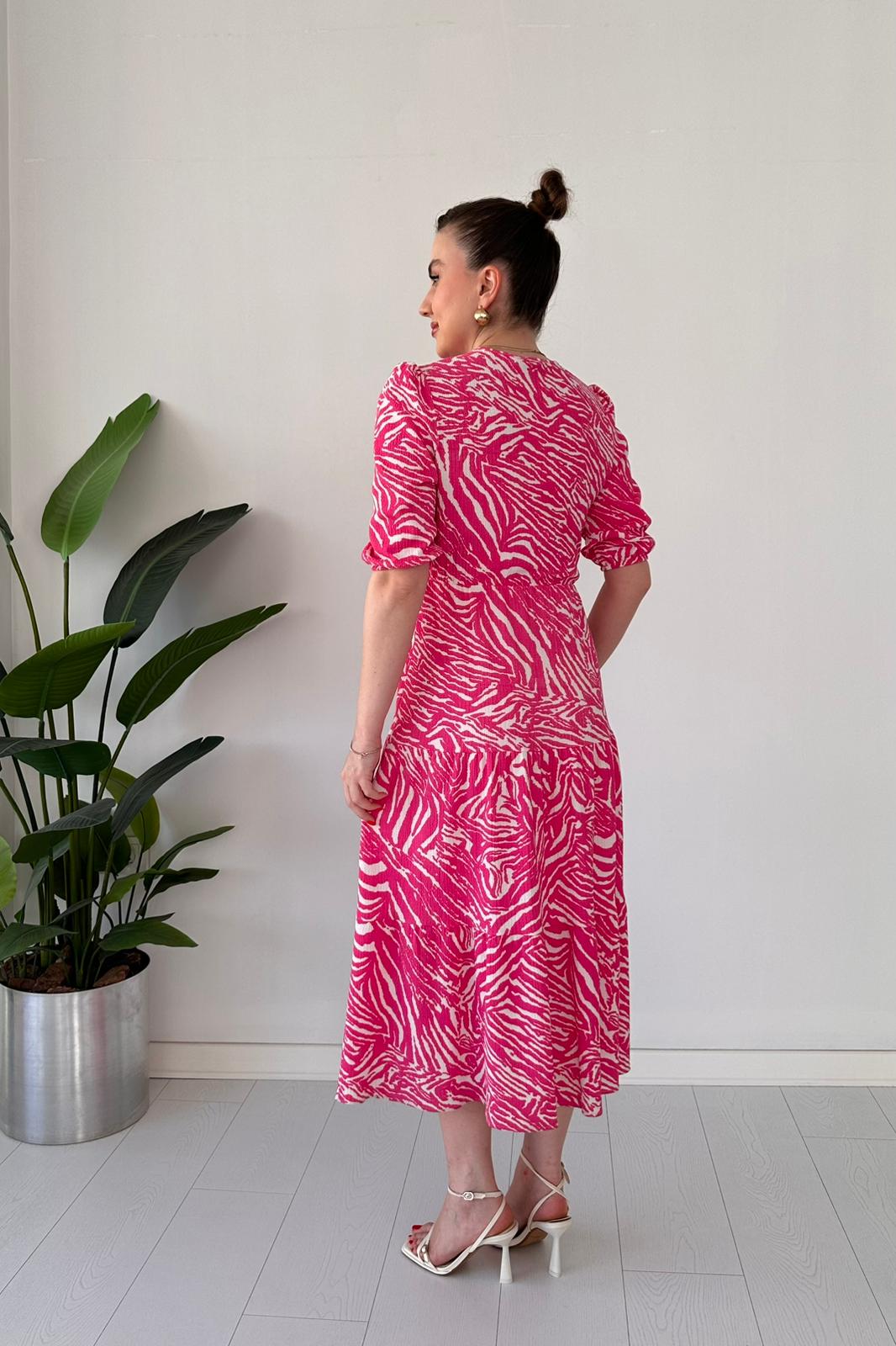 Zebra Bürümcük Elbise Pembe - Thumbnail