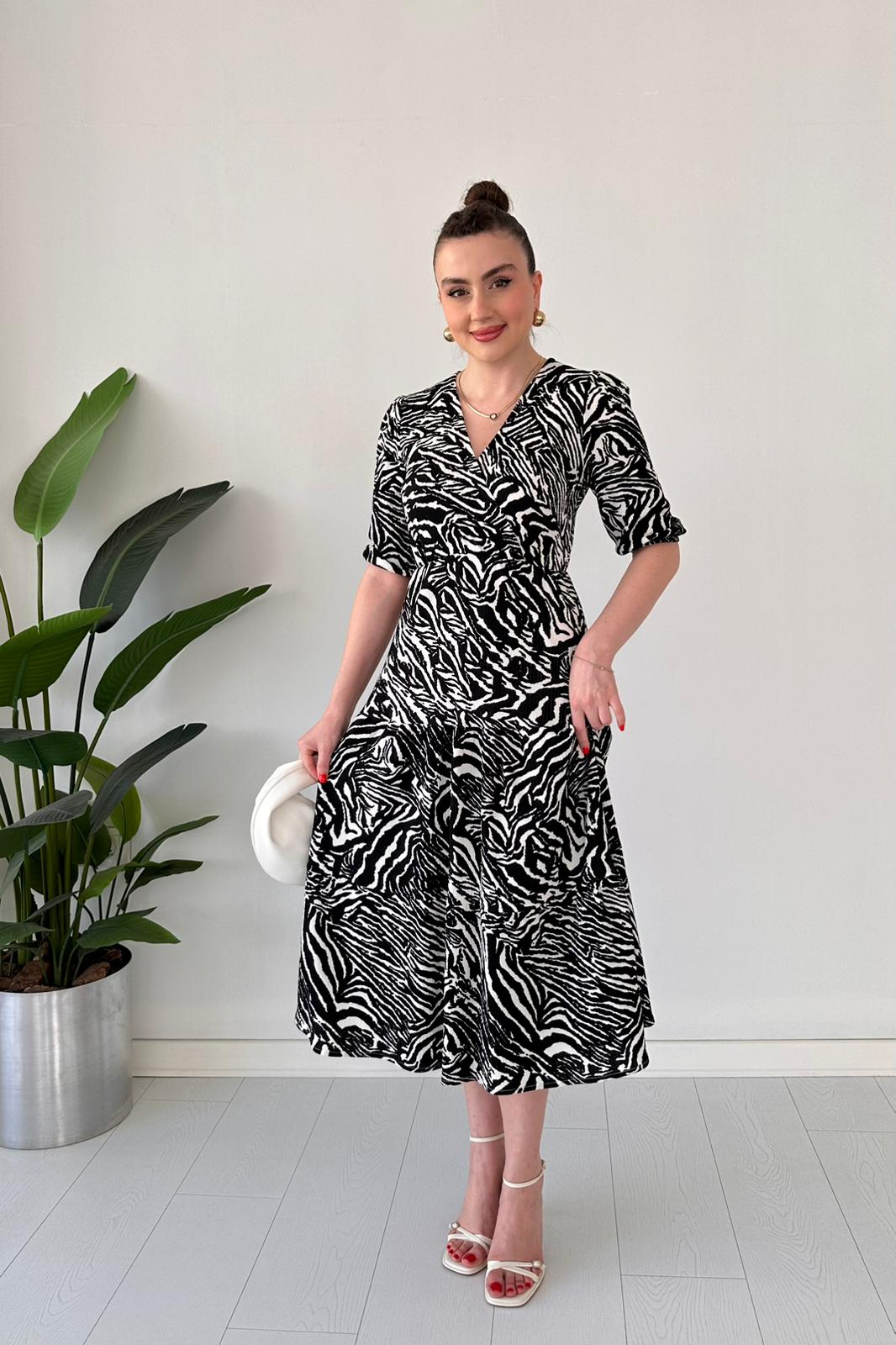 Zebra Bürümcük Elbise Siyah - Thumbnail