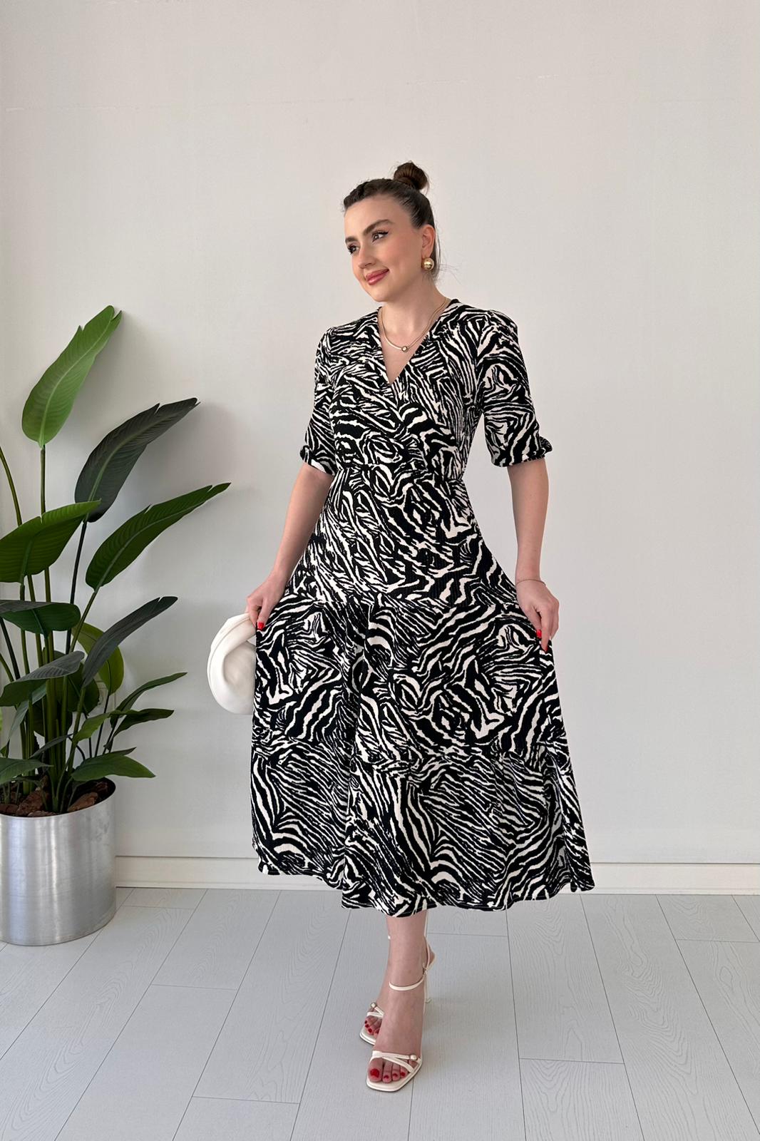 Zebra Bürümcük Elbise Siyah - Thumbnail