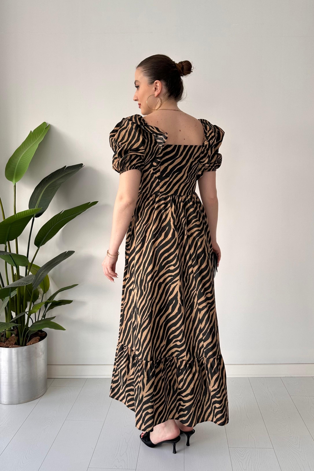 Zebra Poplin Elbise Bej - Thumbnail