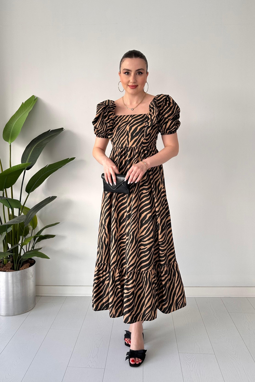 Zebra Poplin Elbise Bej - Thumbnail